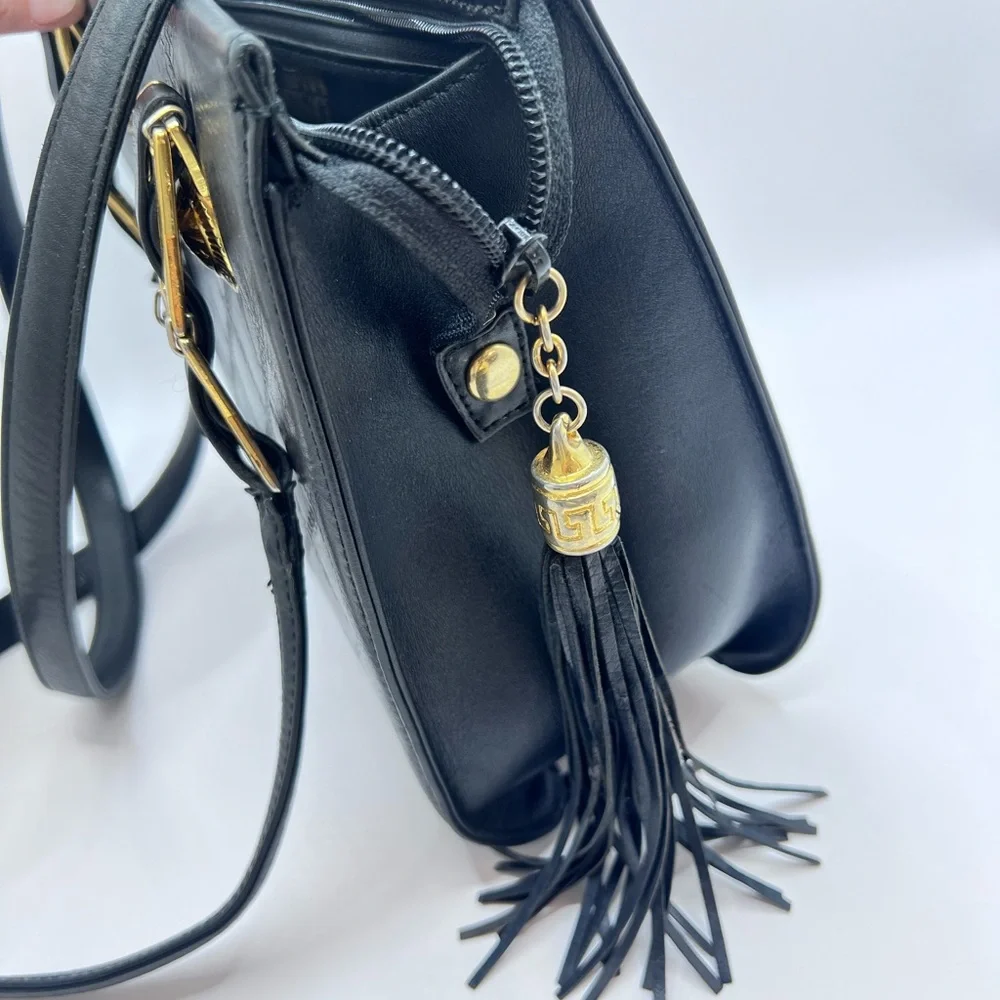 Authentic VERSACE Vintage Black Leather Zip Shoulder Bag Purse W/ Tassel